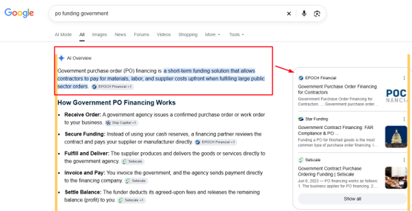 EPOCH Financial cited in AI search results for the query "po funding government"