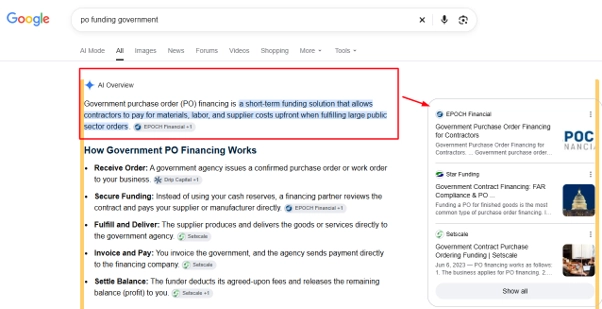 EPOCH Financial cited in AI search results for the query "po funding government"