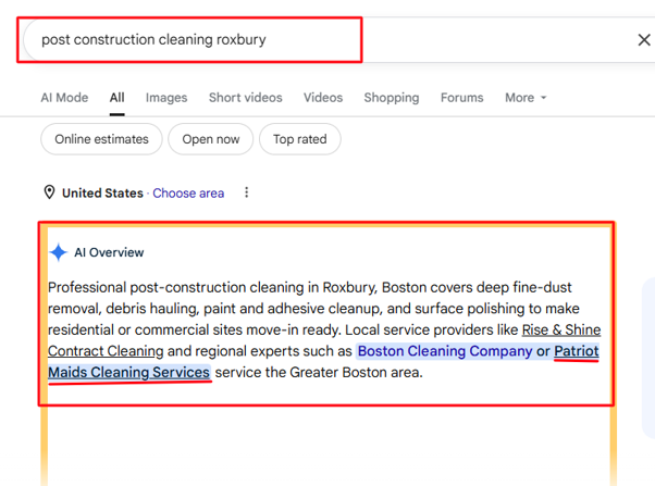 Patriot Maids cited in AI search results for the query "post construction cleaning roxbury"