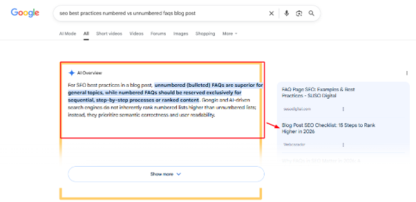 Webcazador cited in AI search results for the query "seo best practices numbered vs unnumbered faqs blog post"
