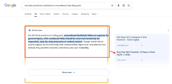 Webcazador cited in AI search results for the query "seo best practices numbered vs unnumbered faqs blog post"