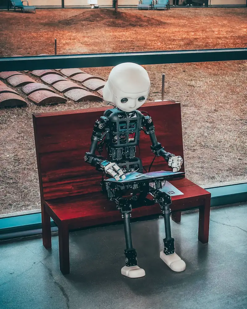 Humanoid robot reading a printed page, illustrating how generative AI engines read and cite brand content