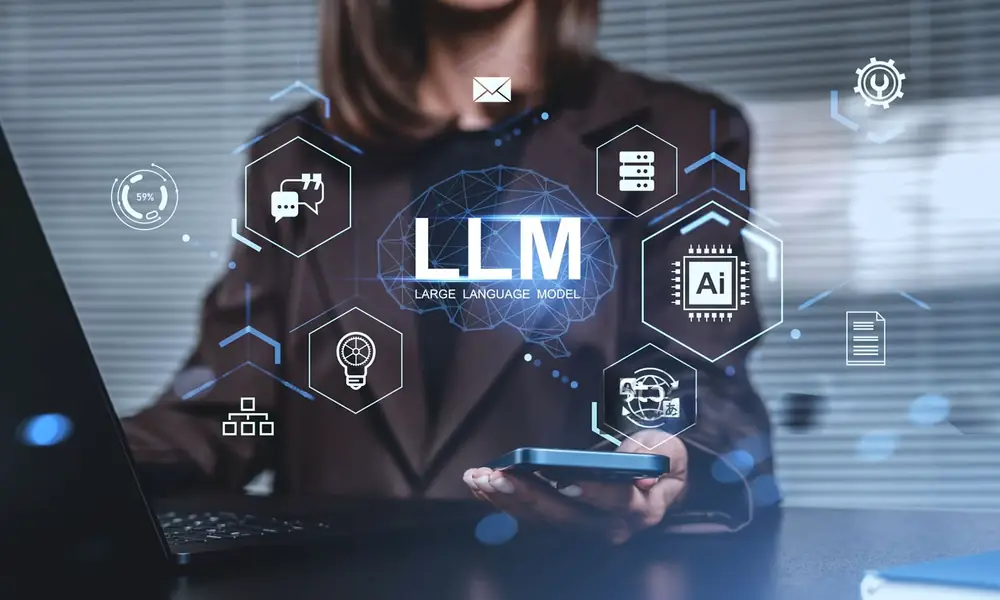 Illustration of language model optimization helping AI assistants understand, trust, and reference a brand